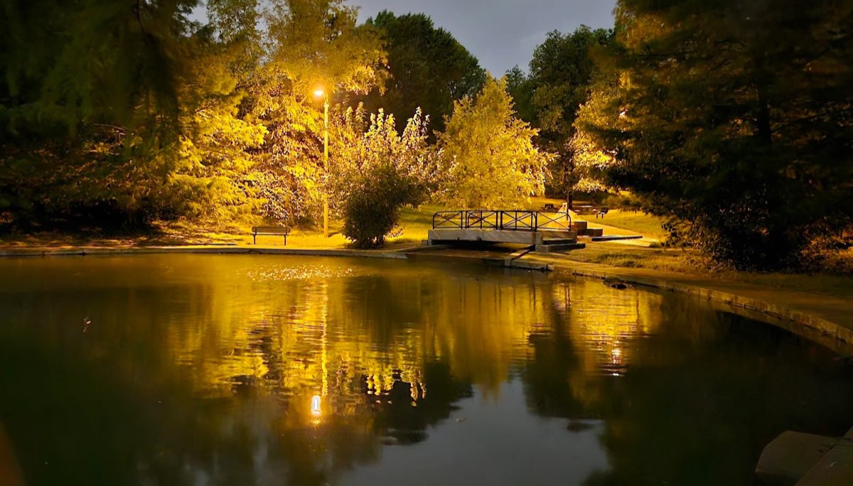 The lake at Clifton Heights Park at night, a lamp-lit footbridge reflected in the water